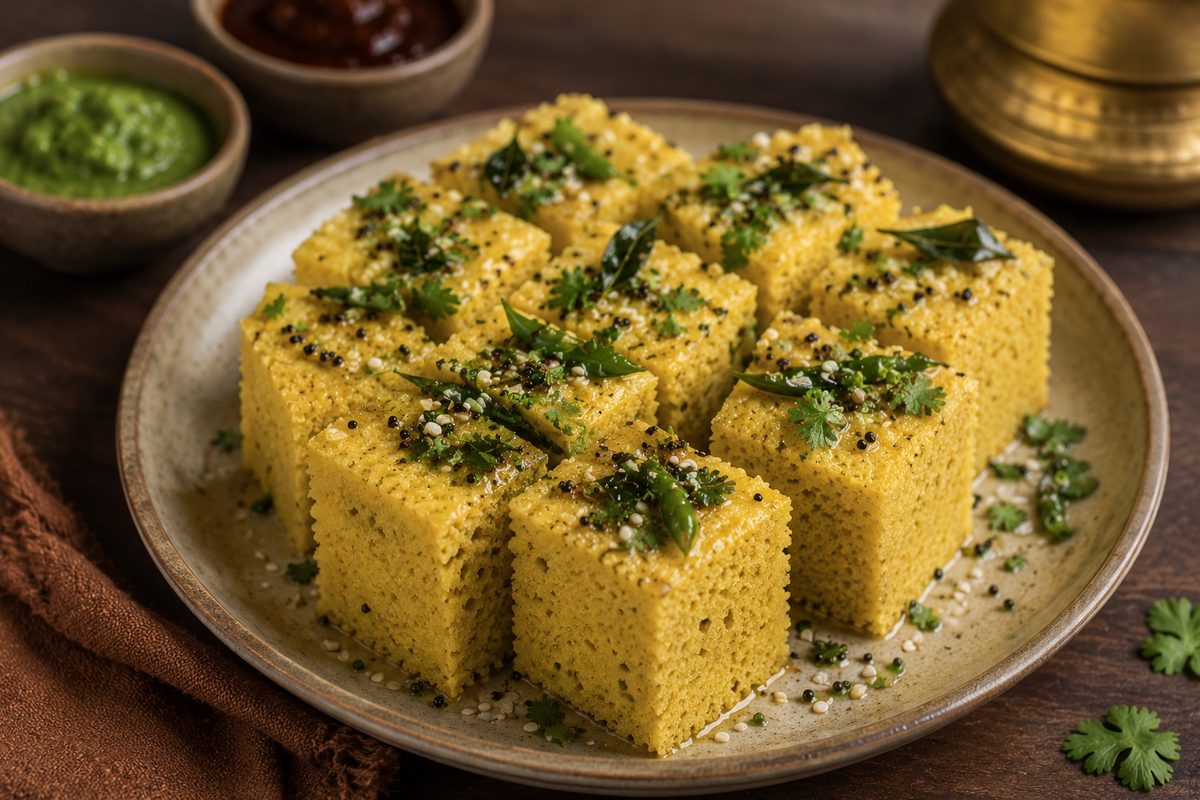 Steamed dhokla plated for service