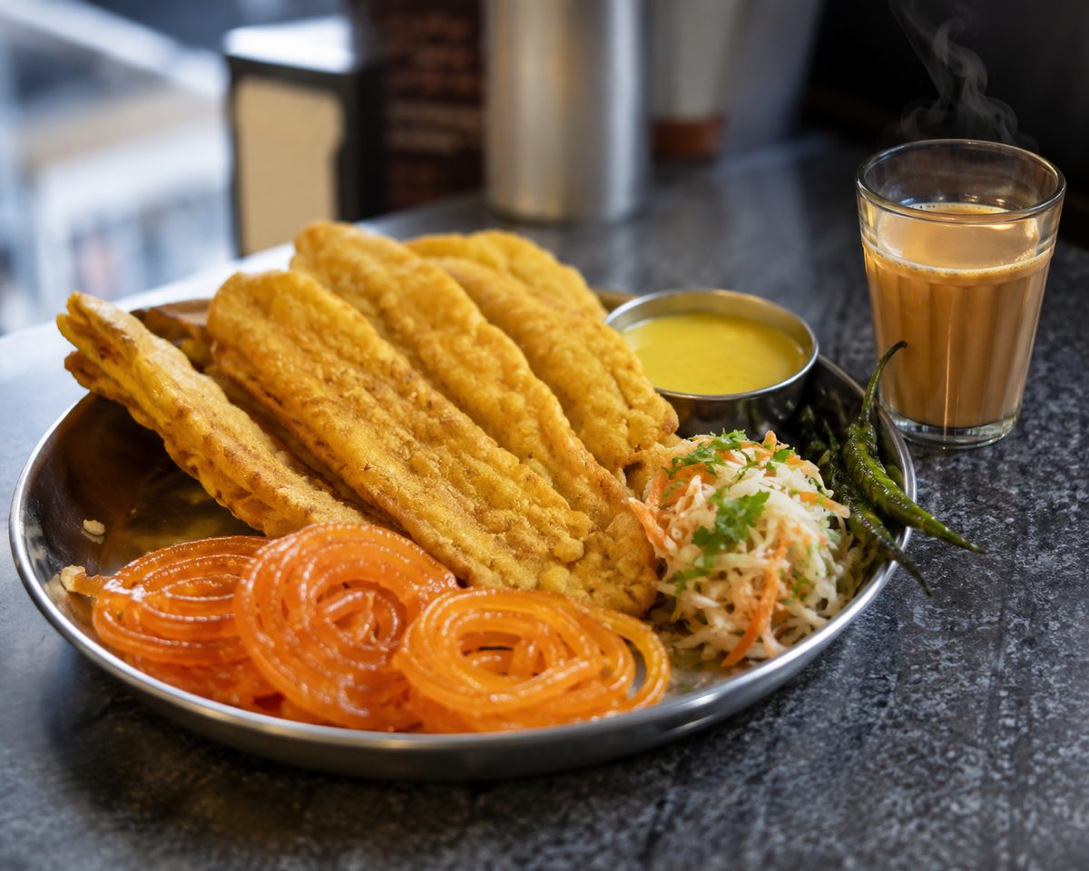 Crisp fafda with coils of golden jalebi