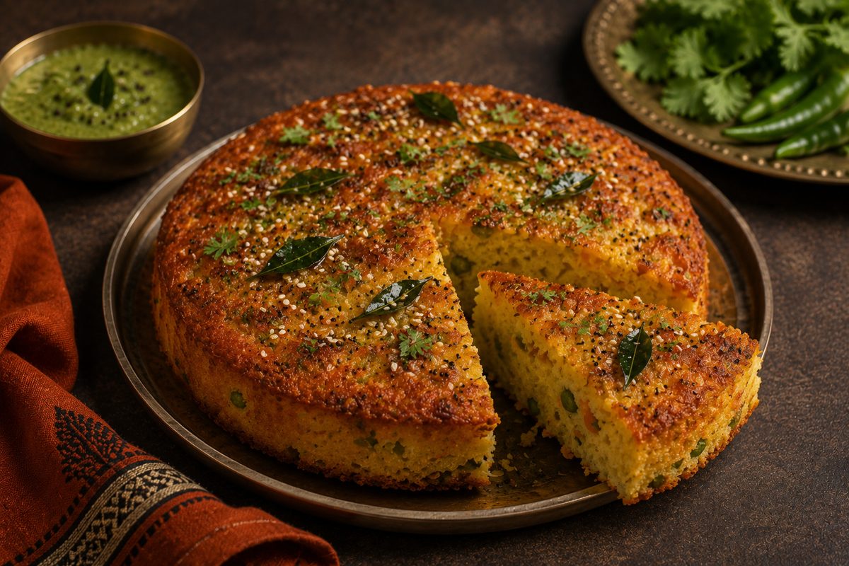 Golden savoury handvo cake, sliced to show a fluffy interior
