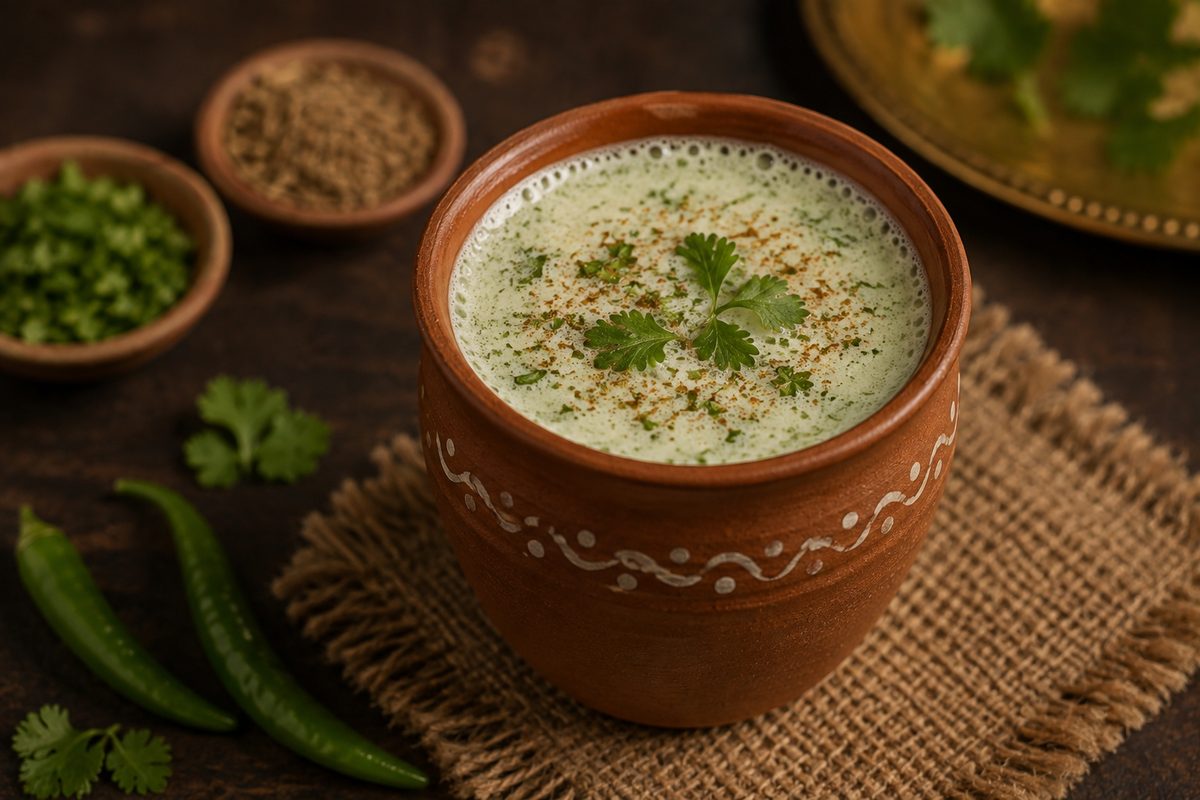 A chilled Indian yoghurt drink served in a clay cup with rose and pistachio