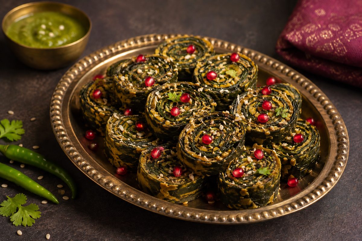 Spiral rolls of spiced colocasia leaves, sliced and tempered