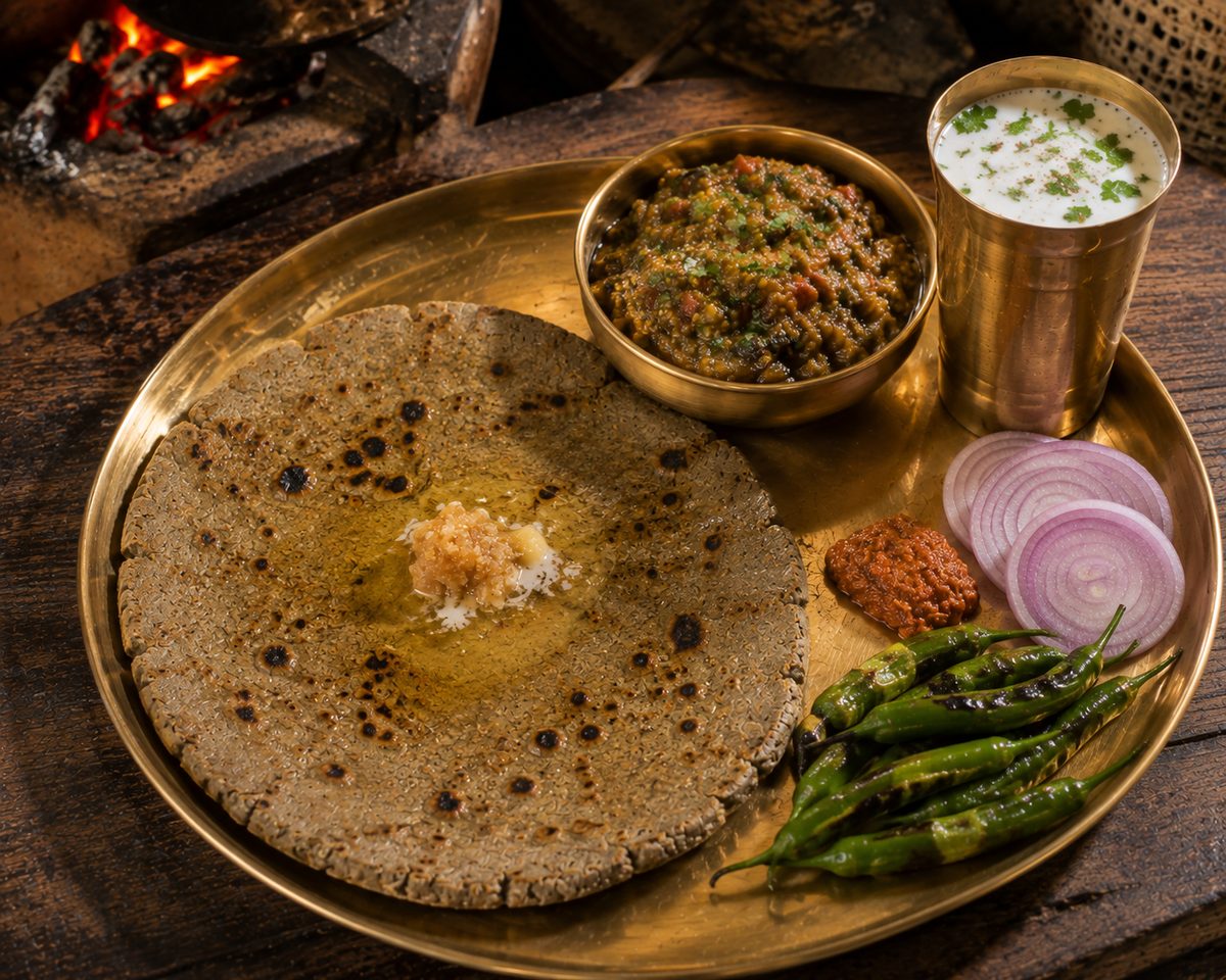 Ringan no olo — smoky roasted-eggplant mash served with bajra rotlo, chaas and charred green chillies