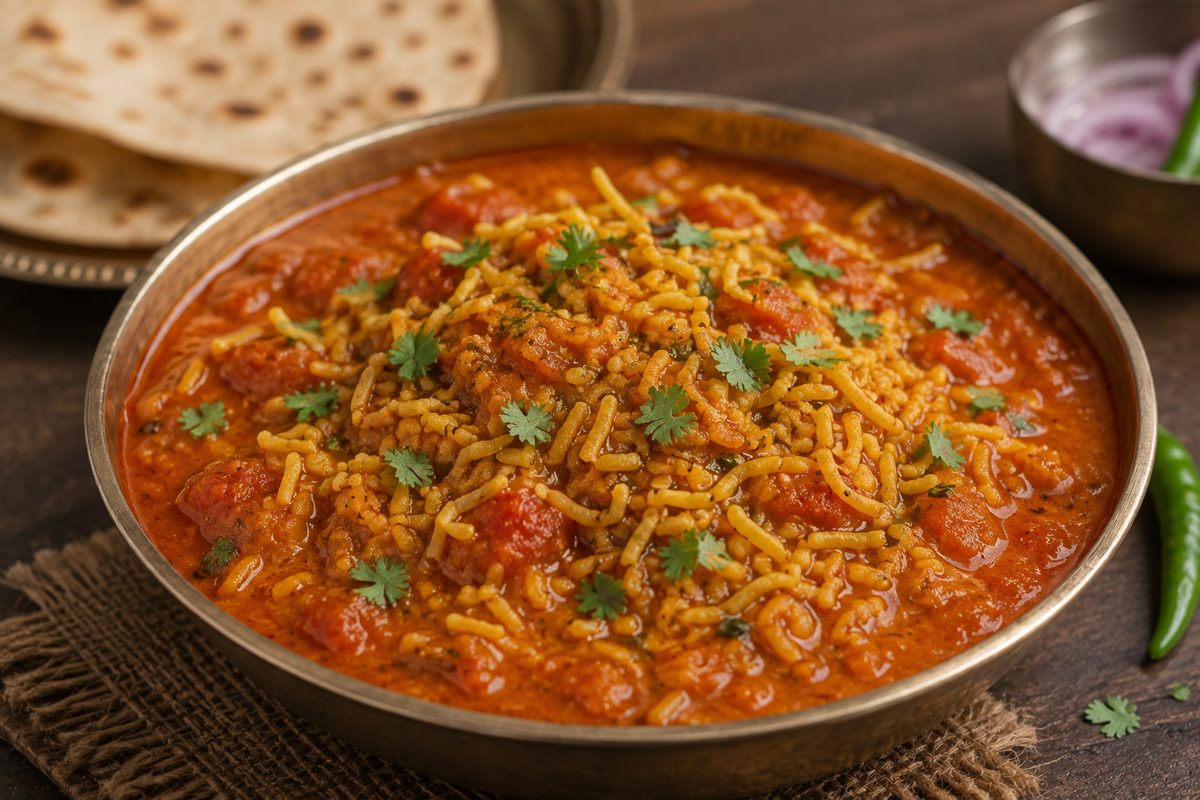 A vibrant vegetable curry garnished with coriander