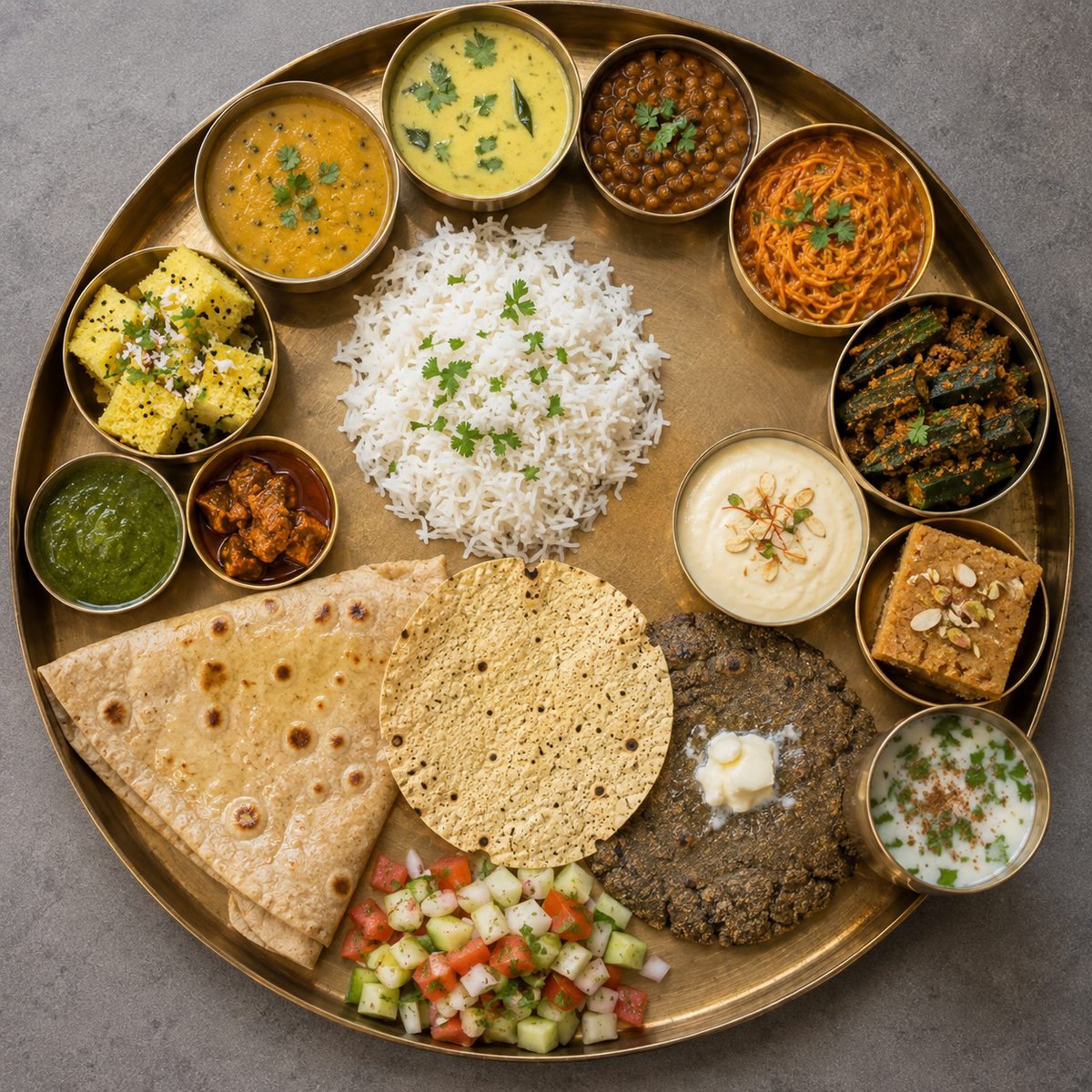 A full thali platter photographed from above