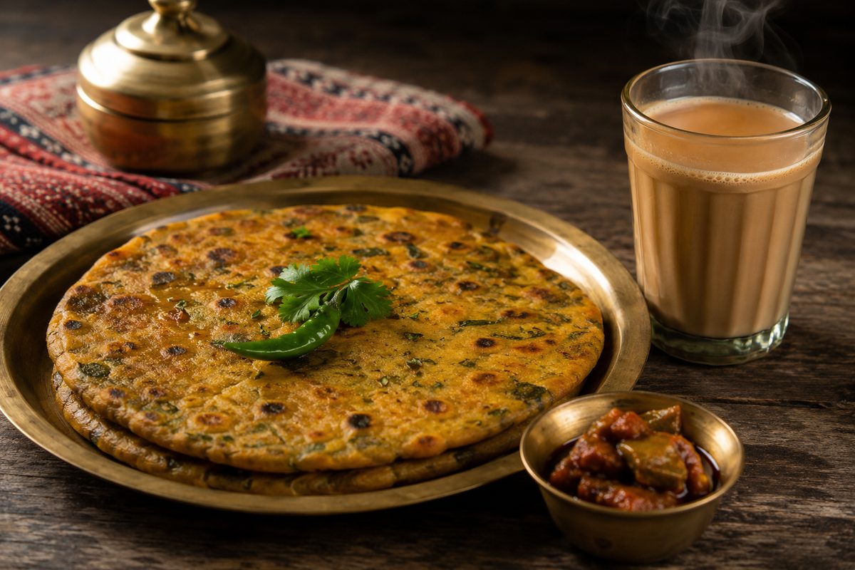 A stack of methi theplas served with pickle and a hot glass of masala chai